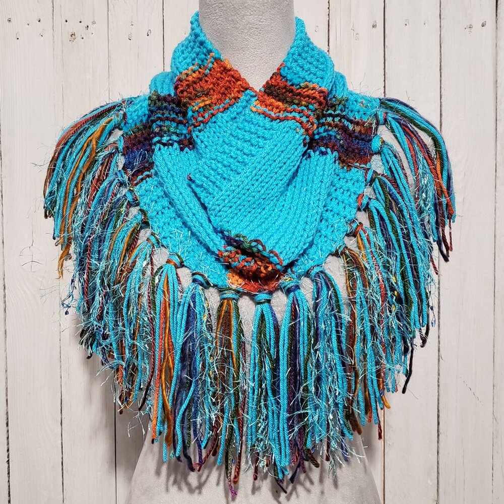 NEW Hand Knitted Turquoise Multi Women's Boho Cowl Scarf Fringe Hippie Indie Art